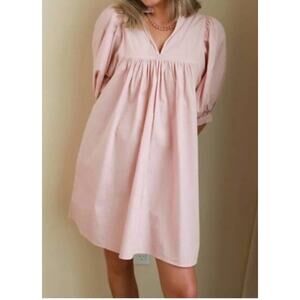 Never a Wallflower High Neck Mini Dress Blush Pink Puff Sleeve Poplin Boho Med